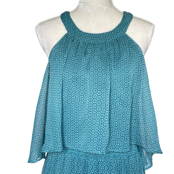 Soft Surroundings Chiffon Teal Maxi Dress Women’s Size M Floral Geo Printed Line - Picture 3 of 10